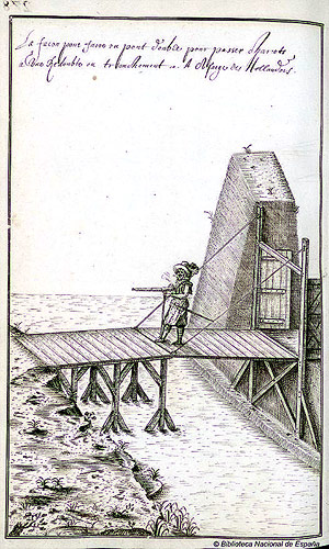 Period illustration, simplified; note gate doors to right of bridge
