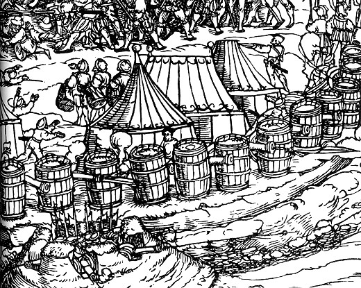Barrels for the defense, Siege of 
			Buda, 1541, from a 16th century German woodcut