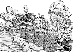 Artillery arrayed behind gabions, from a 16th century German woodcut