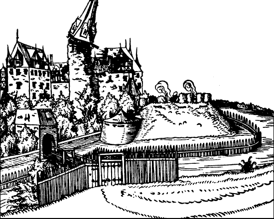 Note too the fence of stakes set in the moat - from a 16th century German woodcut